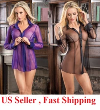 Sexy see through Lingerie Women  Dress mesh shirt bodysuit clubwear pajamas top.