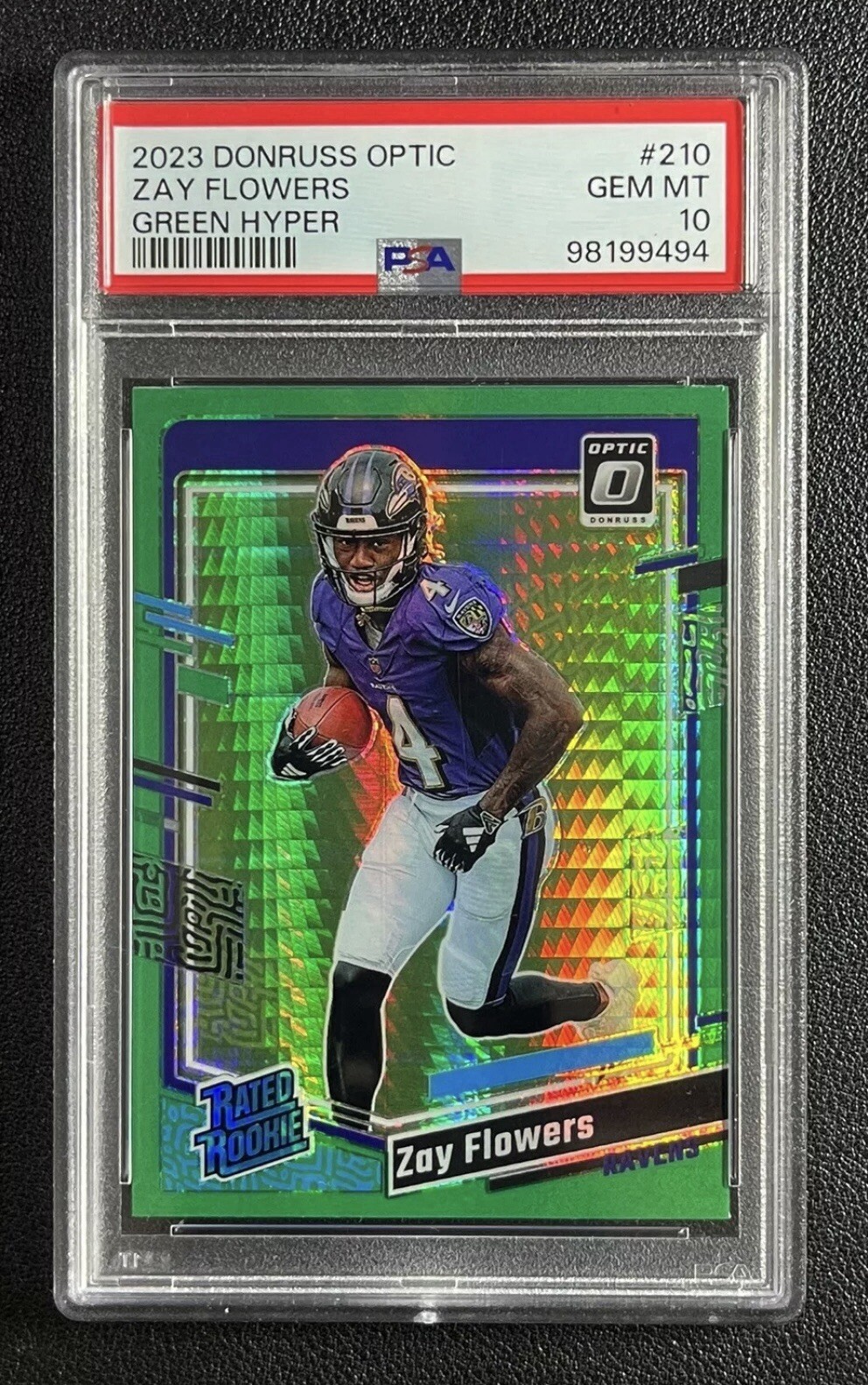 ZAY FLOWERS PSA 10 2023 DONRUSS OPTIC #210 ROOKIE GREEN HYPER PRIZM RC