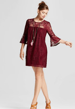 Speechless Women’s Burgundy Babydoll Lace Short Dress Bell Sleeves Size Medium