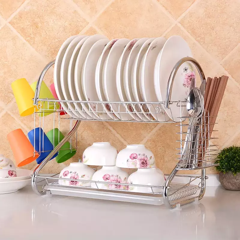 2 Tiers Dish Drying Rack with Drain Tray Dish Drainer Organizer