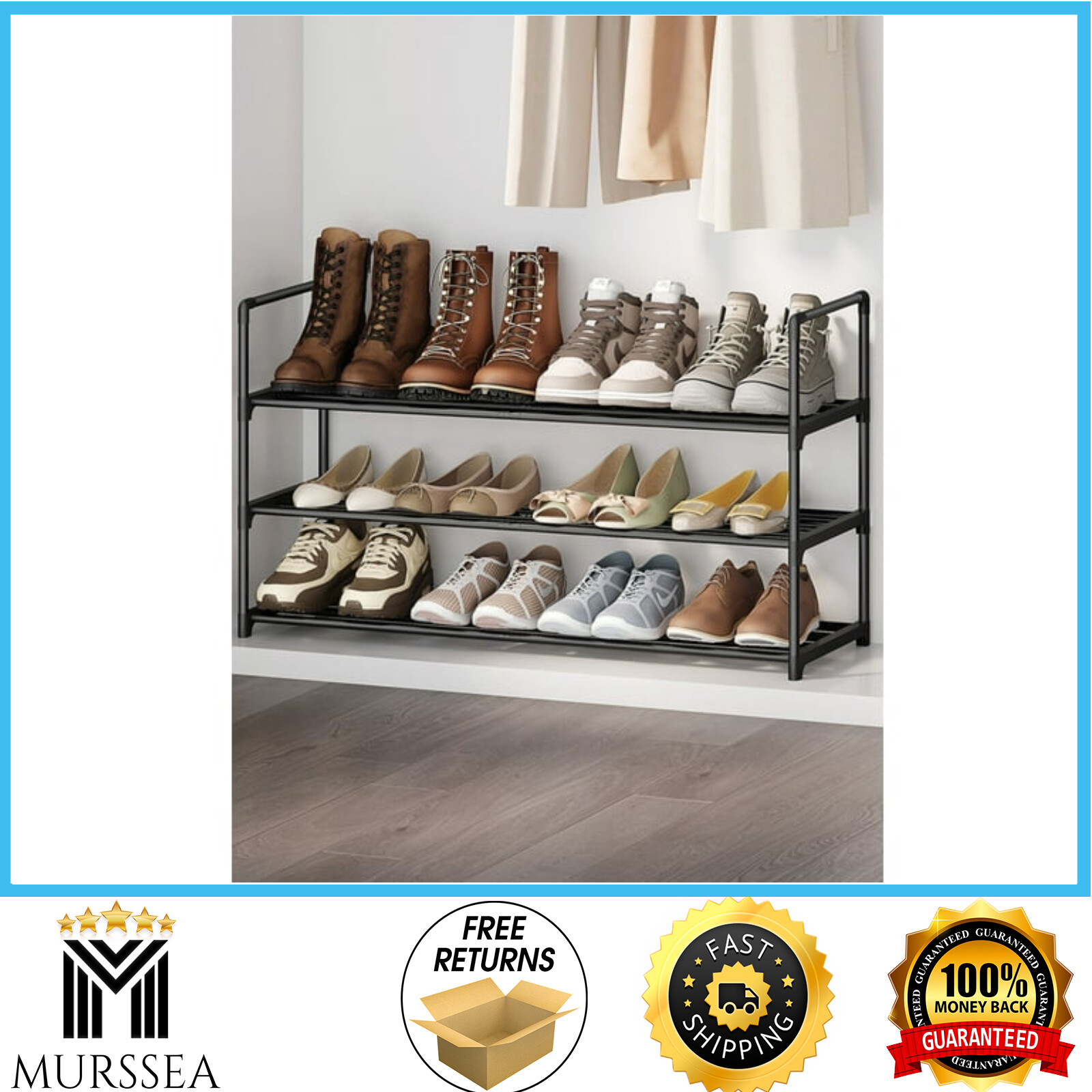 3-Tier Metal Shoe Rack Organizer Holds 15 Pairs - Space-Saving Storage Shelf-image