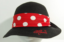 Disney Parks Minnie Mouse Black Straw Sun Hat Red Polka Dot Youth Bucket Cap