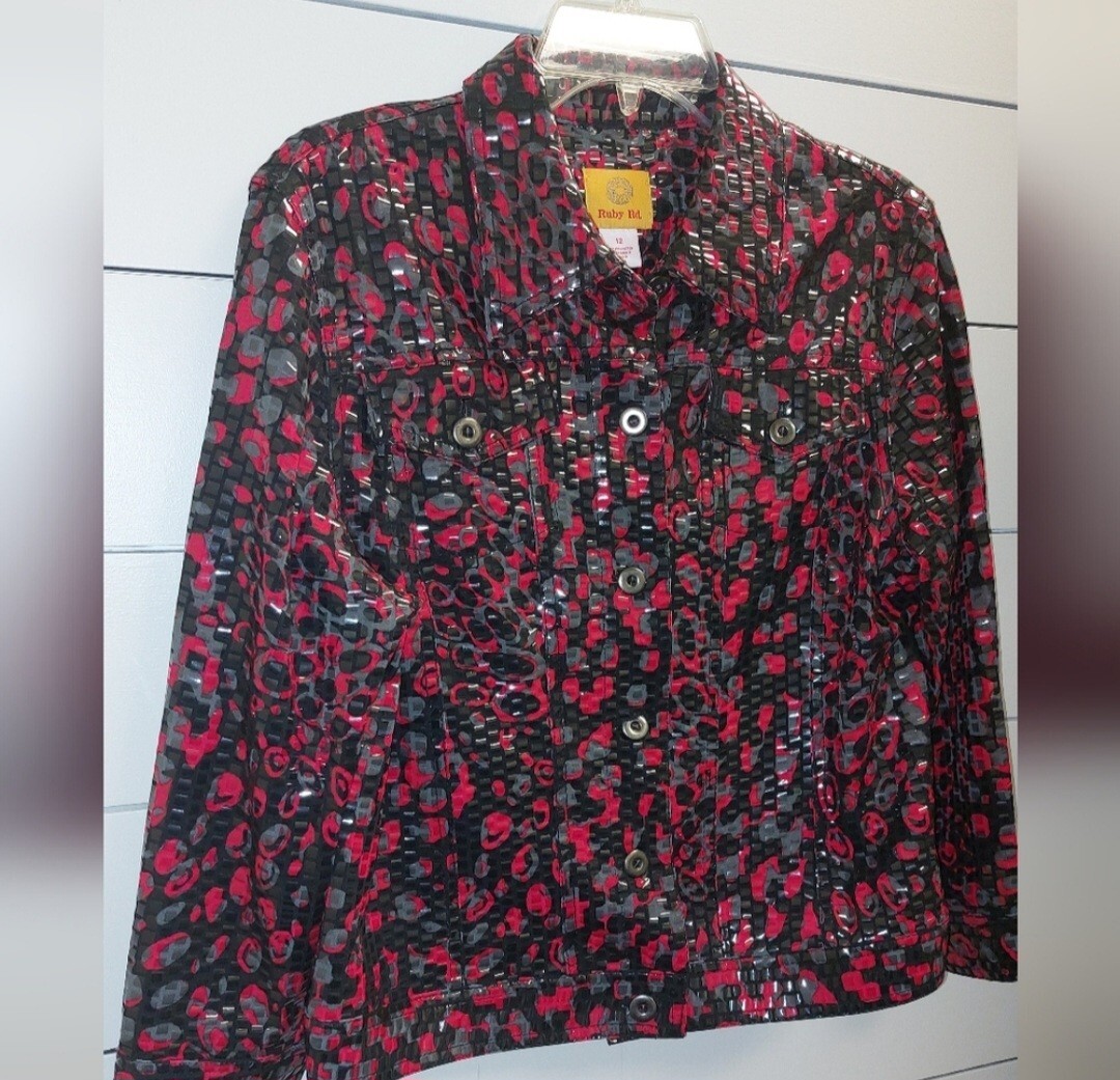 Ruby Rd ジャケット Ruby Rd Faux Leather Blk/Red/Multi Color Short Jacket sz 12