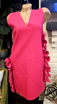 BNWT MSGM CREPE PINKY RED MINI DRESS,V NECK, POCKETS & RUFFLES -Size 40