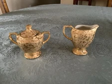 VINTAGE WEEPING SPLASH 22K GOLD PORCELAIN OPEN CREAMER AND SUGAR ART DECO  