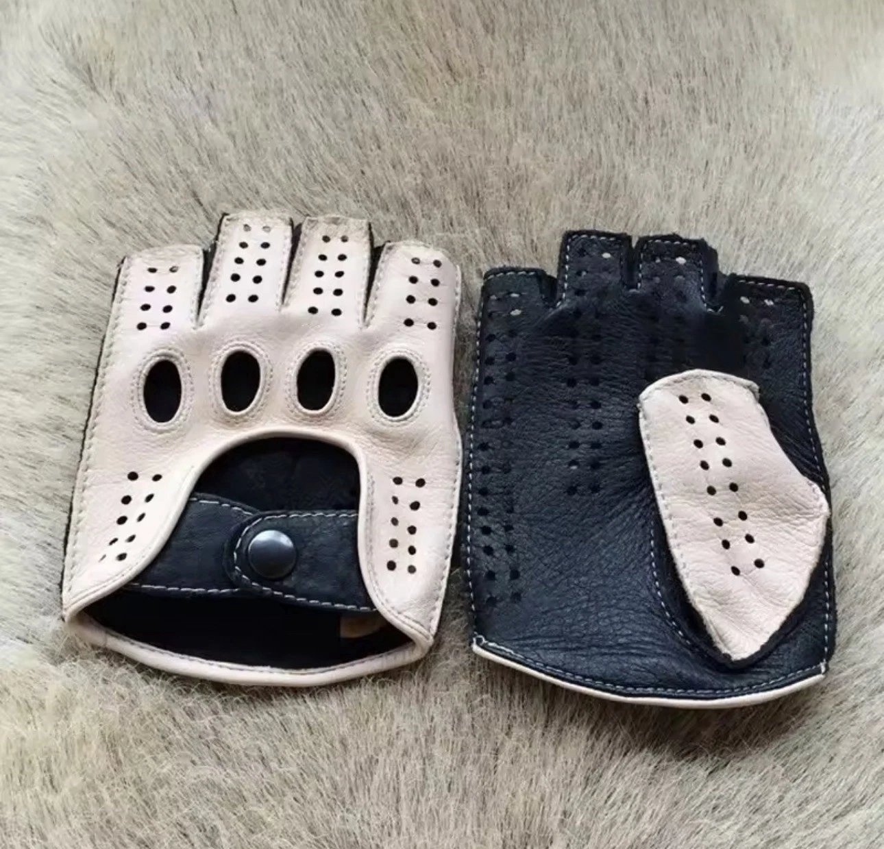 G🖤 Driving Gloves Fingerless Car Motorcycle Leather Police Driver Black White S