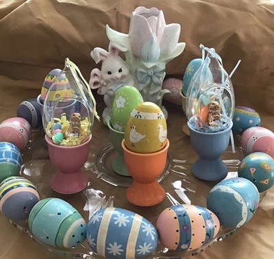 Vtg Easter Lot Wooden Eggs,Hand Blown Diorama,Egg Cups,Russ Berrie Ceramic Bunny