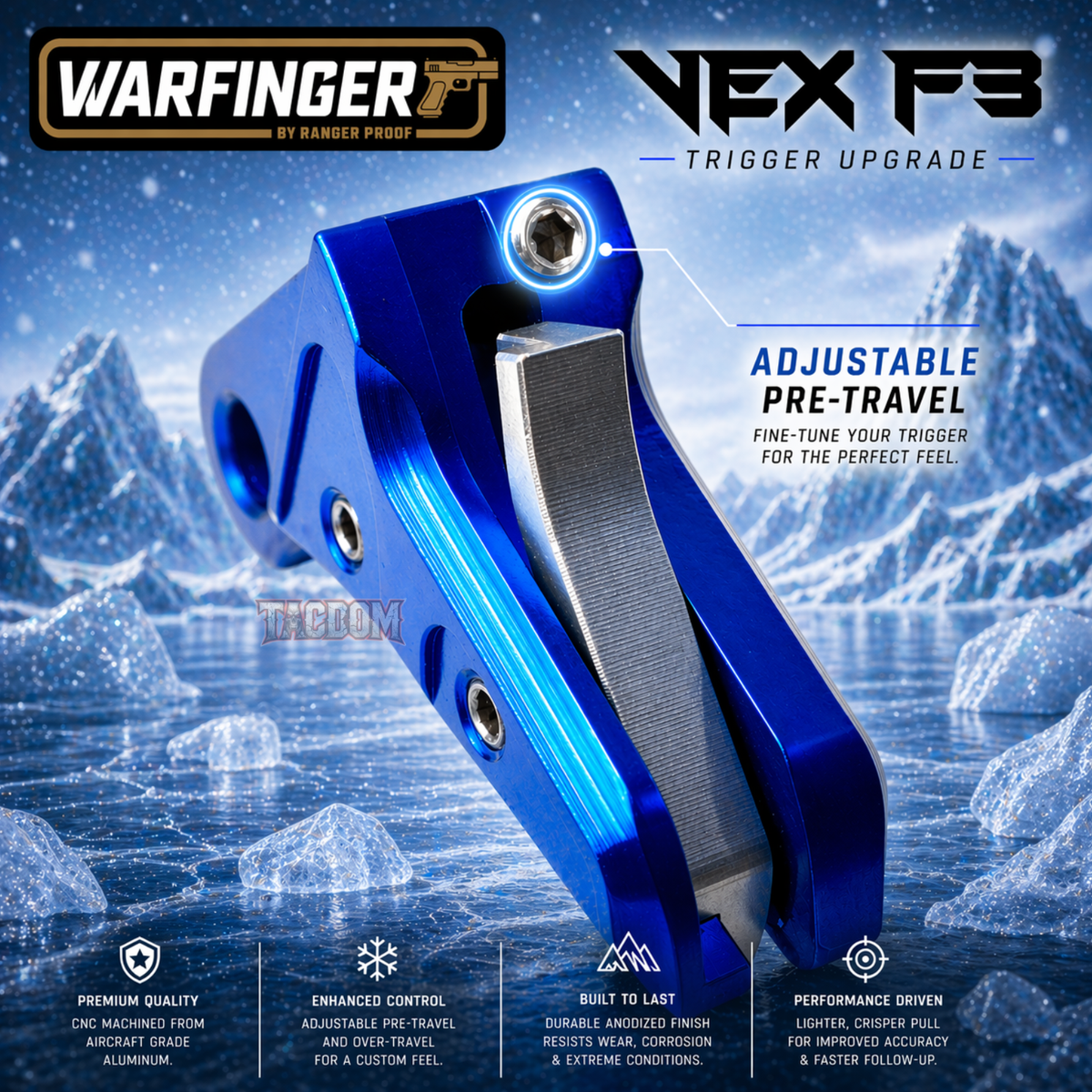 WARFINGER RANGERPROOF VEX F3 GLOCK ADJUSTABLE TRIGGER BLUE GEN 1-5