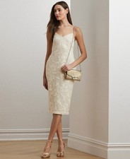 Lauren Ralph Lauren Embroidered Cocktail Dress Women's 16 Mascarpone Cream Zip