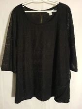 CJ Banks-Black Semi-Sheer Lace Lined 3/4 Sleeve Round Neck Top-1X