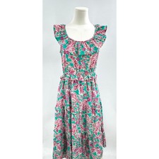 J Crew Teal Pink Floral Ruffle Midi Dress Eyelet Cotton Sleeveless Tie Back 8 M 