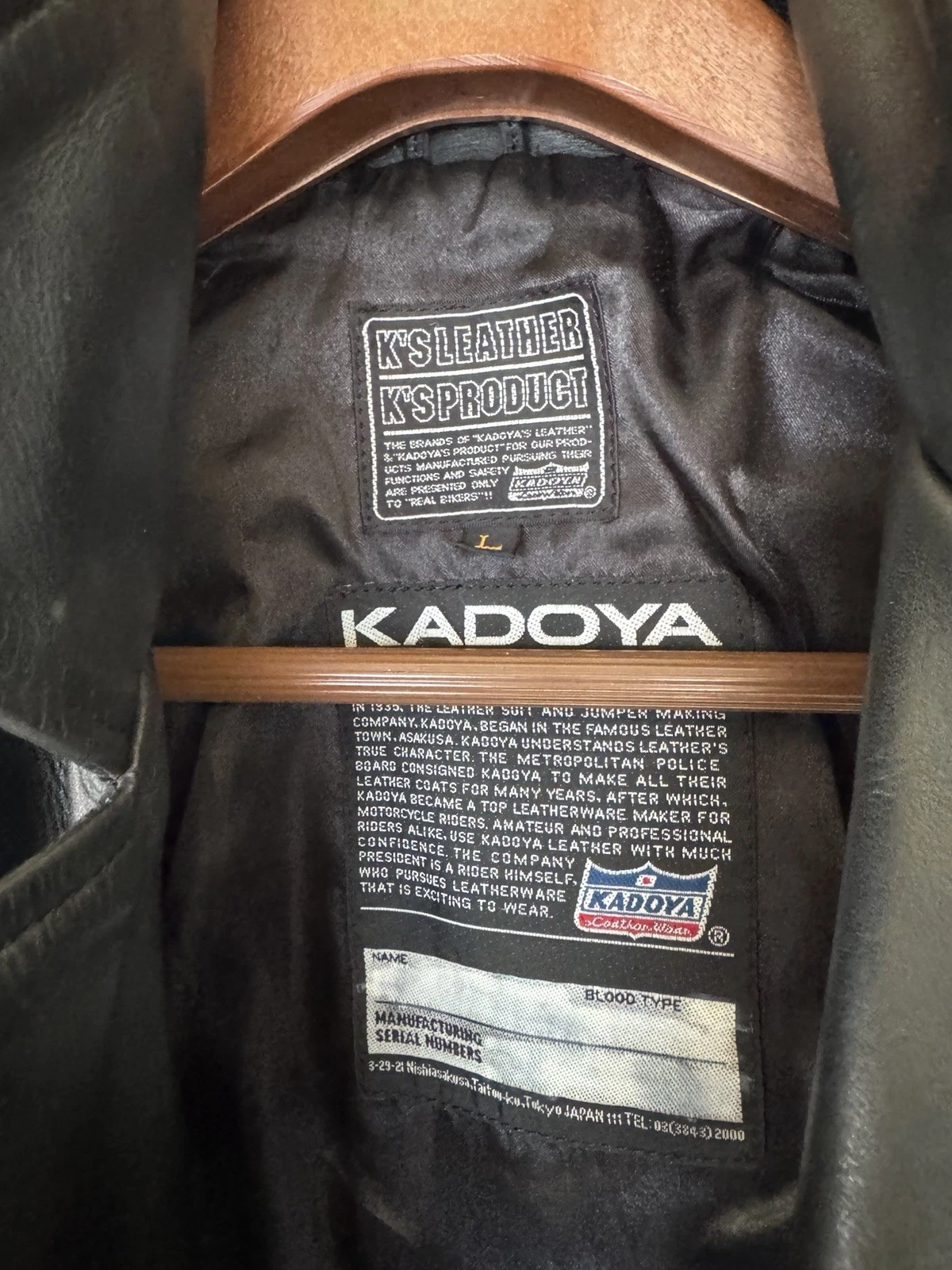 KADOYA Leather Double Riders Motorcycle Jacket Black Made in Japan Size L - product detail image 3