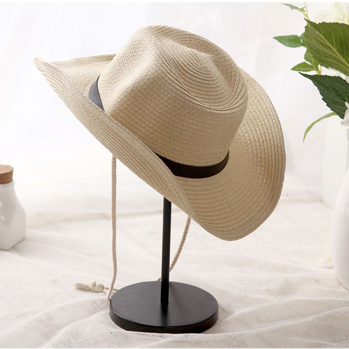Men Women Adjustable Straw Cowboy Hat Shapeable Wide Brim  display picture 1