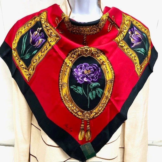 New with Tag On ROSE CITY 100% Silk Satin Lg 34" Black Red Green Gold Floral (14