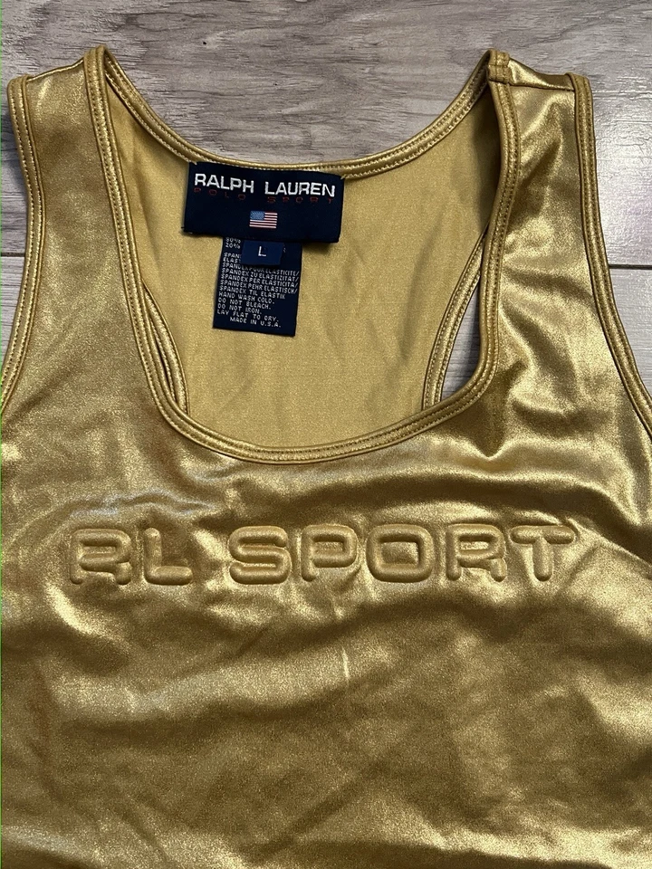 Camiseta sin mangas Ralph Lauren Polo Deportiva DORADA METÁLICA RARA DE COLECCIÓN para mujer grande HECHA EN EE. UU. Foto 2 de 4