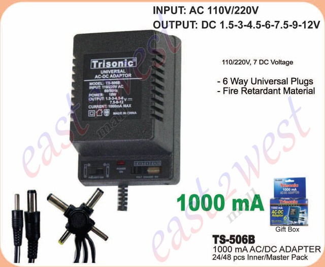 Trisonic Universal 1000ma Ac Dc Adaptor 6 Plugs Ts 506b Ebay Universal Ac Dc Adapter 6 Plugs 110 220 1 5 3 4