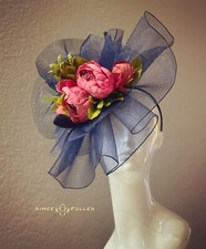 Royal Ascot Fascinator Kentucky Derby Hat Navy Blue Green Pink Flowers Del Mar