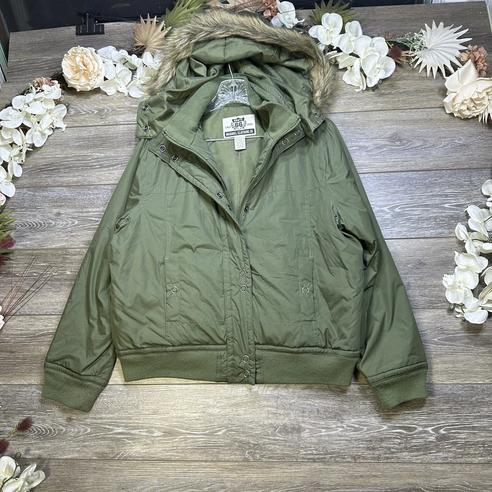 Abrigo con capucha de piel sintética para mujer grande verde cremallera completa chaqueta parka por Route 66 Foto 3 de 4
