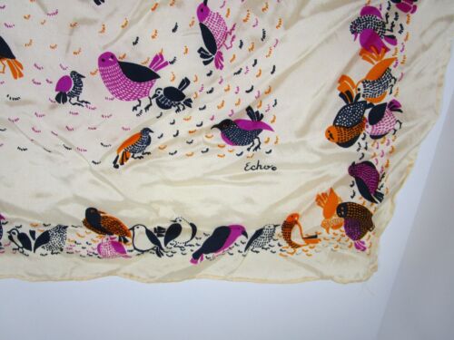 VTG Echo Colorful Birds Peach Orange Purple Navy Square Scarf 26" X 26" - Picture 2 of 16