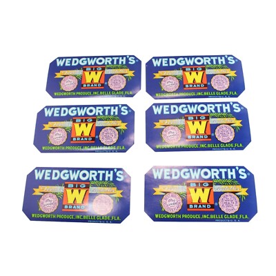 6 Wedgworth Big W Brand Florida Vegetable Label Vintage Unused 77118