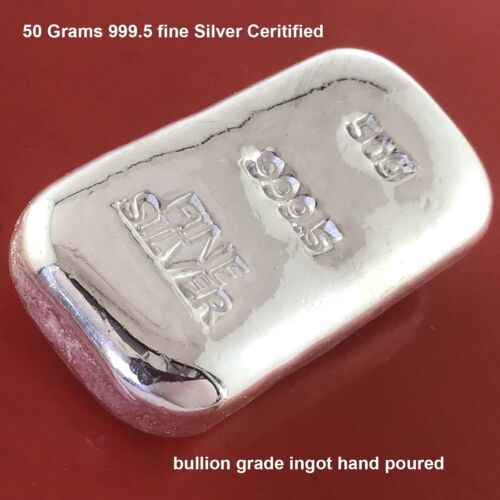 50 Grams 999.5 Fine Silver Certified Bullion Grade Ingot Bar Hand Poured - Zdjęcie 1 z 2