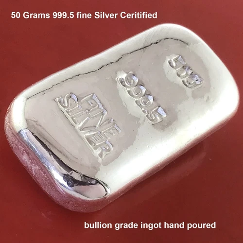 Silver Ingot  50 Grams 999.5 Fine Certified Bullion Grade Bar Hand Poured
