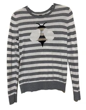 Bass Gray White Striped Light Cute Cotton Sweater With Bumble Bee Size M