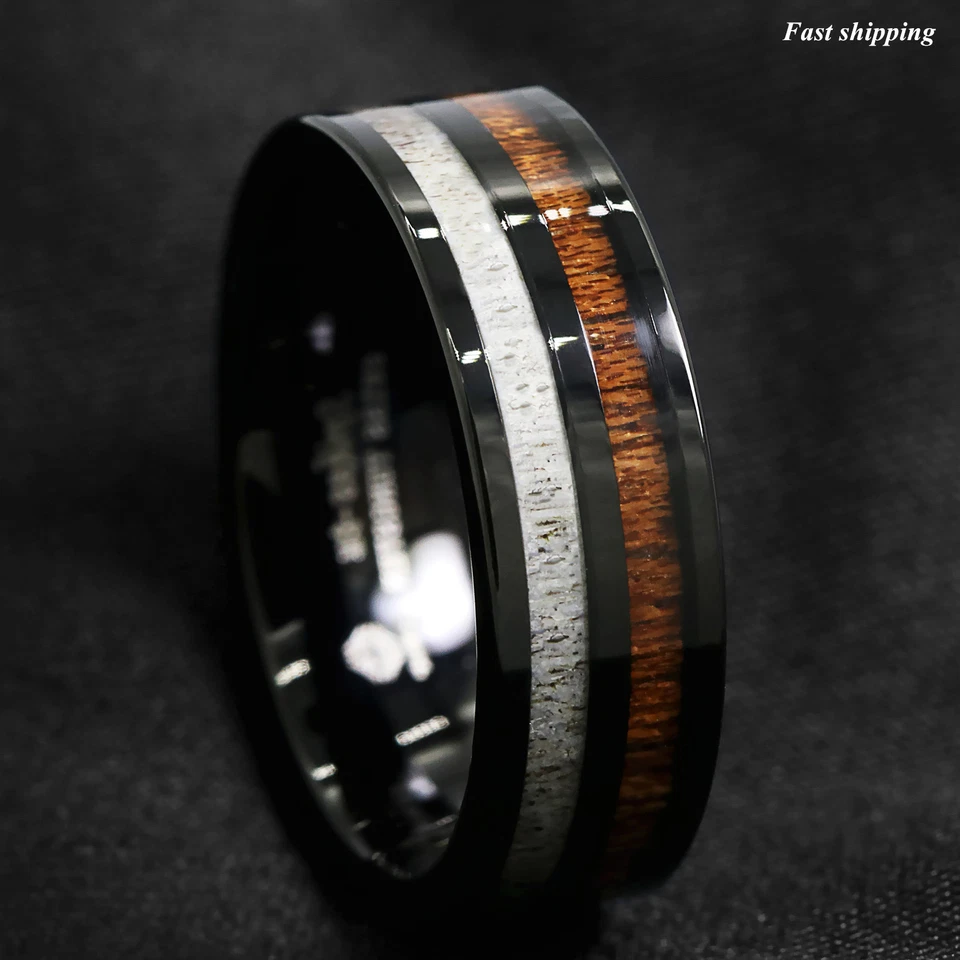 Anillo de carburo de tungsteno negro de 8 mm con cuerno de ciervo e incrustación de madera de koa ATOP alianza de boda Foto 2 de 4