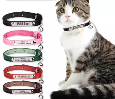 Personalised Genuine Leather Pet Cat Collar With Engraved Name Plate Tag & Bell