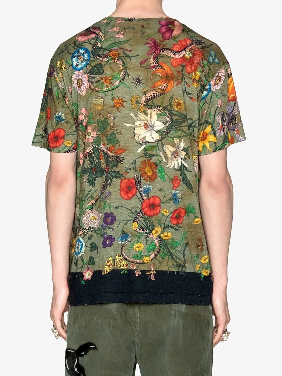 GUCCI Linen Floral Snake Print Damage Processing T-shirt XL | eBay