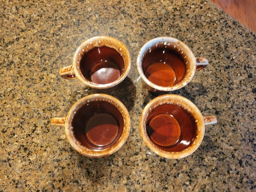 Hull USA Pottery Oven Proof Crestone Coffee Mug Cup Brown Drip Glaze - set of 4