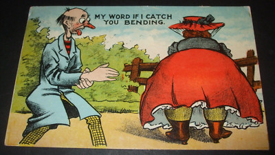 1908 Comic FAT LADY BIG BUM BOTTOM SPANK SMACK MY WORD IF I CATCH YOU BENDING