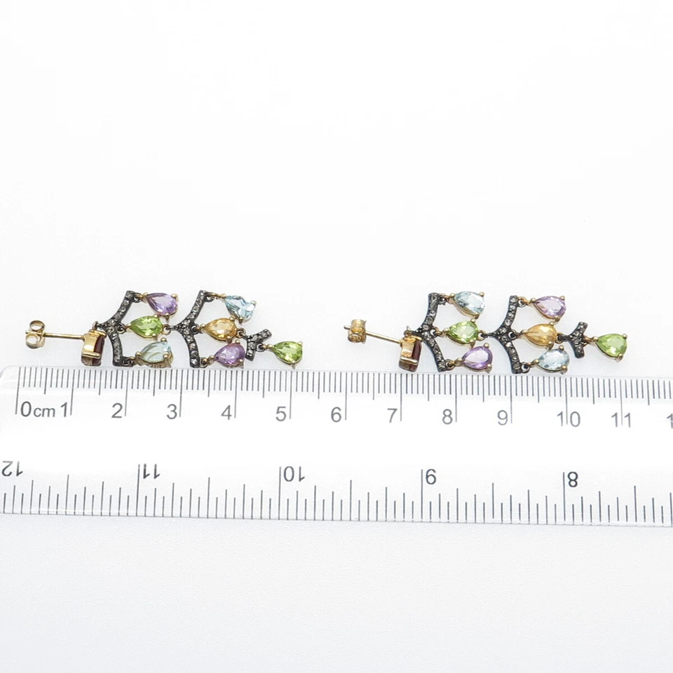 925 Sterling Silver Gold Plated Black Rhodium Real Diamond & Multi-Gem Earrings - Image 3 of 4