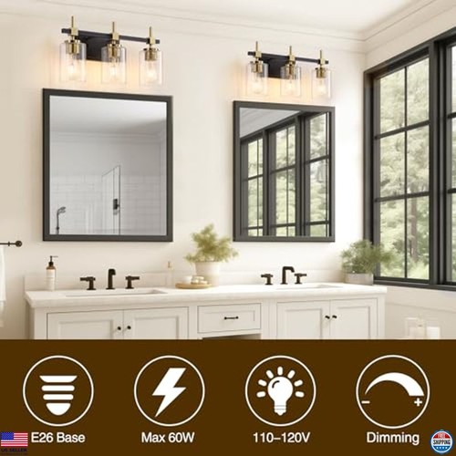 3-Light Black Gold Bathroom Vanity Light Fixture, Textured Glass Shade, Modern - Picture 7 of 7