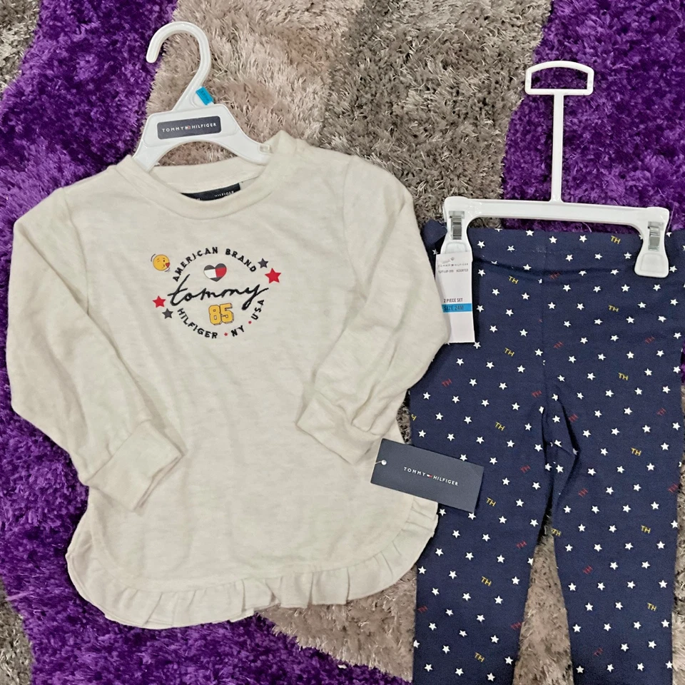 New Girl’s 2pc Cream and Blue  Tommy Hilfiger Top and Pants set  Size 24 months - Image 3 of 4
