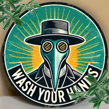 1pc Vintage Plague Doctor Wash Your Hands Round Metal Wall Art Sign - 8 Inch Alu