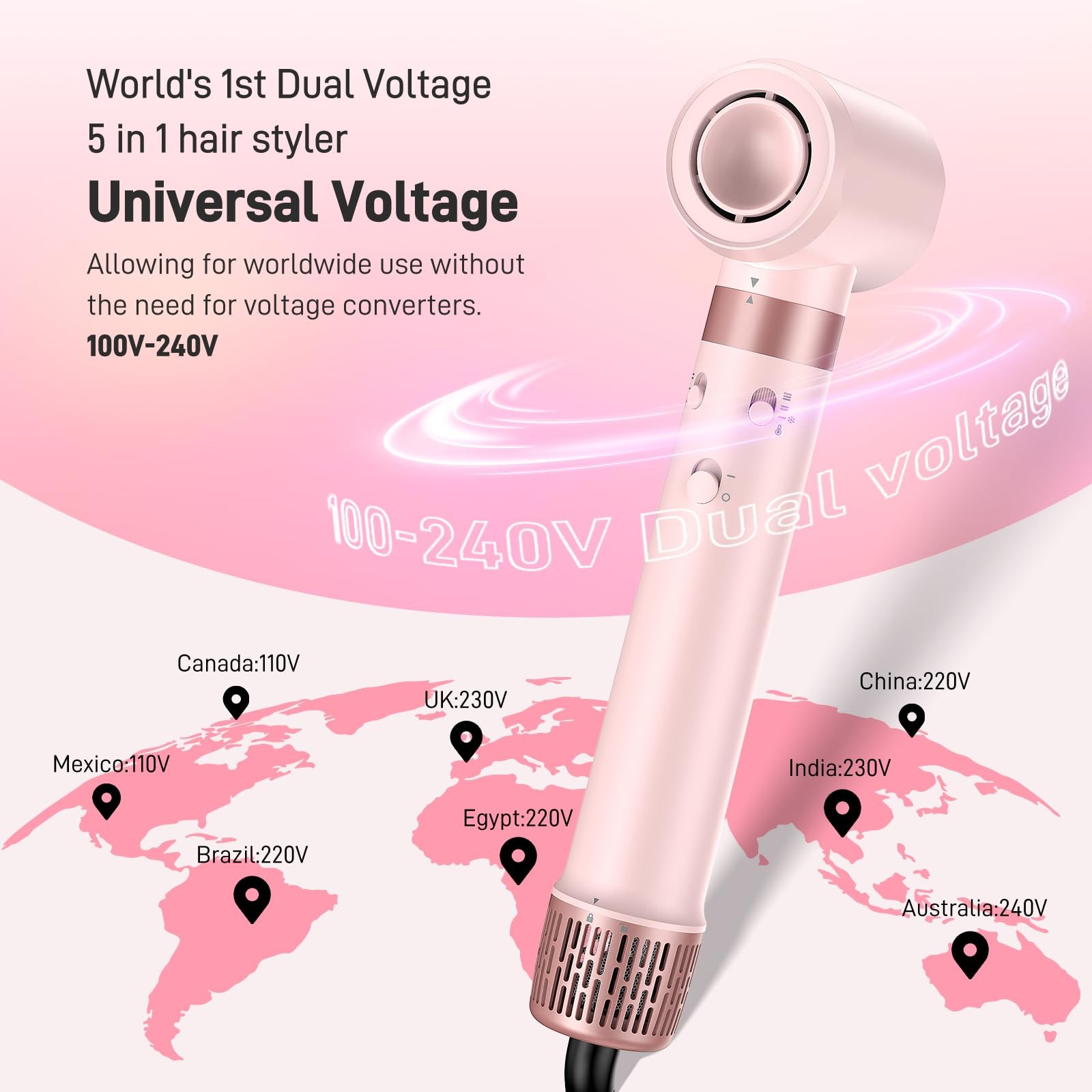 Dual Voltage Hot Air Styler Wrap - 5 in 1 Hair Dryer Brush with Fast Drying B...