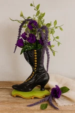 Victorian-Style High Button Boot Vase with Faux Purple Floral Arrangement