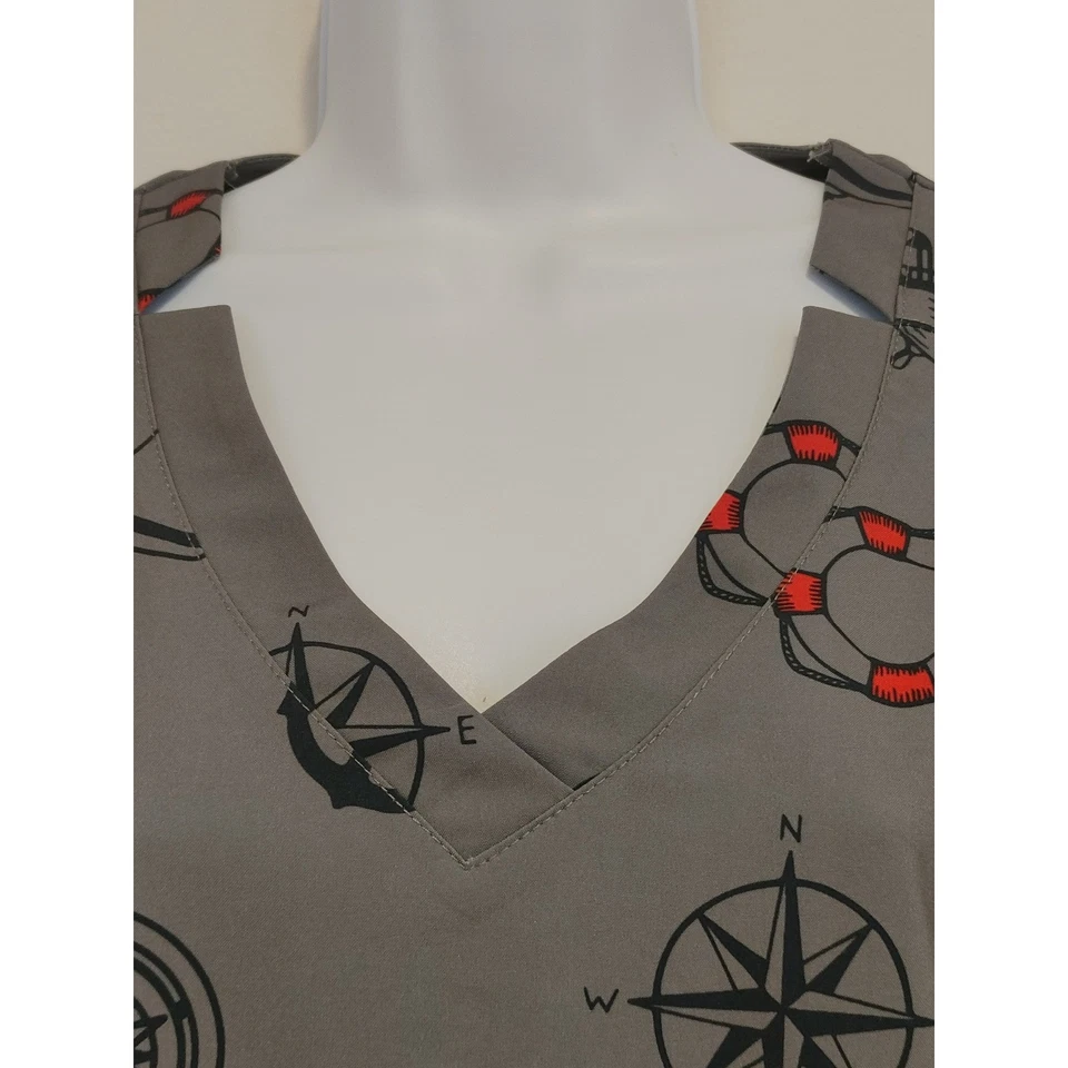 Nautical Print Scrub Top Gray Anchor Compass Lighthouse Medical Uniform - Image 3 of 4
