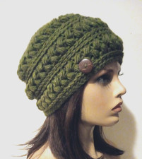 handmade crochet womans button hat beanie olive green alpaca blend puffs