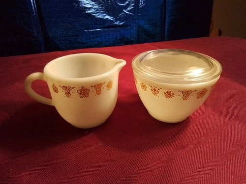 Vintage Pyrex Milk Glass Butterfly Gold Creamer And Sugar With Glass Lid Set