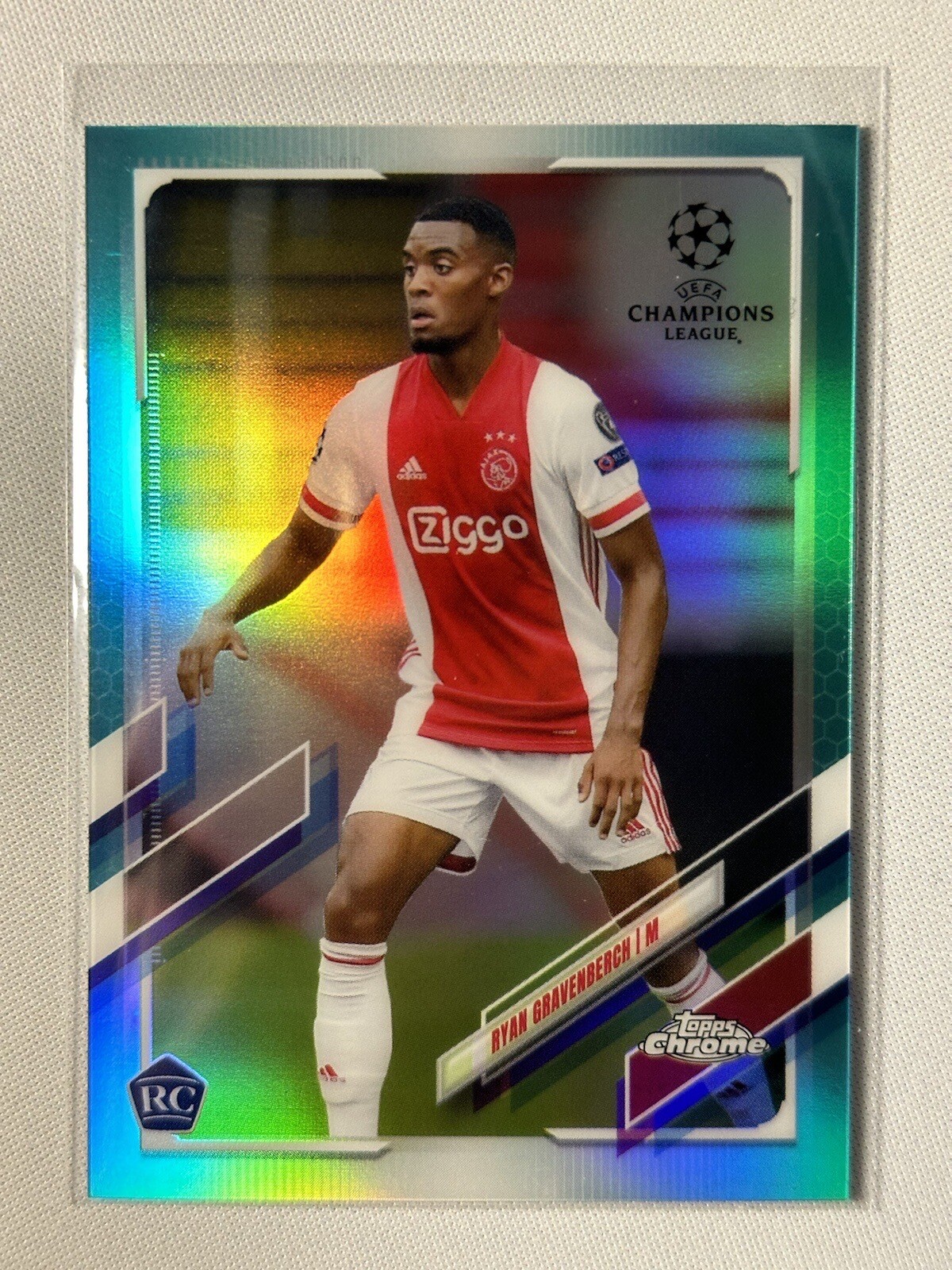 Ryan Gravenberch 2020-21 Topps Chrome UEFA Aqua Refractor /199 RC #98 AJAX
