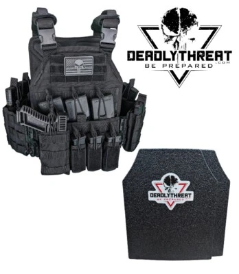 DEADLY THREAT Urban Assault Black Storm Tactical Vest Plate Carrier W/ Level III Armor Plates