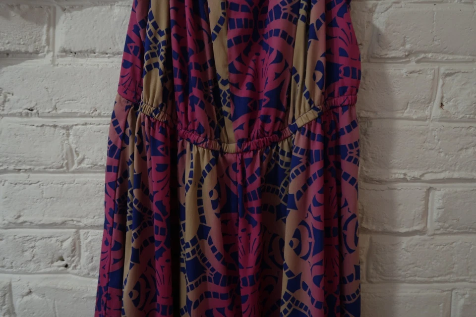 Vestido midi con dobladillo pañuelo Route 66 para mujer rosa azul estampado abstracto boho XL Foto 2 de 4