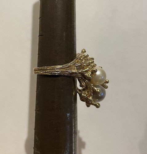 Beautiful 14k Yellow Gold Coral Branch With 2 Tone Pearls Ring Size 6 With Box - Picture 18 of 19