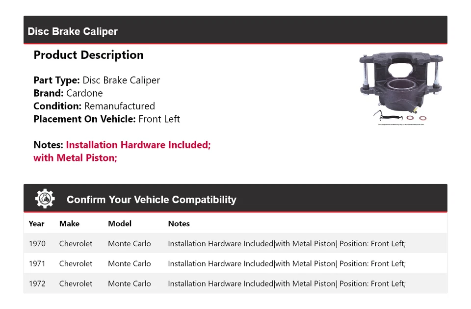 Pinza de freno de disco delantera izquierda cardone 1971 para Chevrolet Monte Carlo 1970-1972 Foto 2 de 4