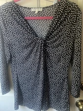 Chaus New York Women's Black White Polka Dot Wrap V-Neck Top Blouse Sz L