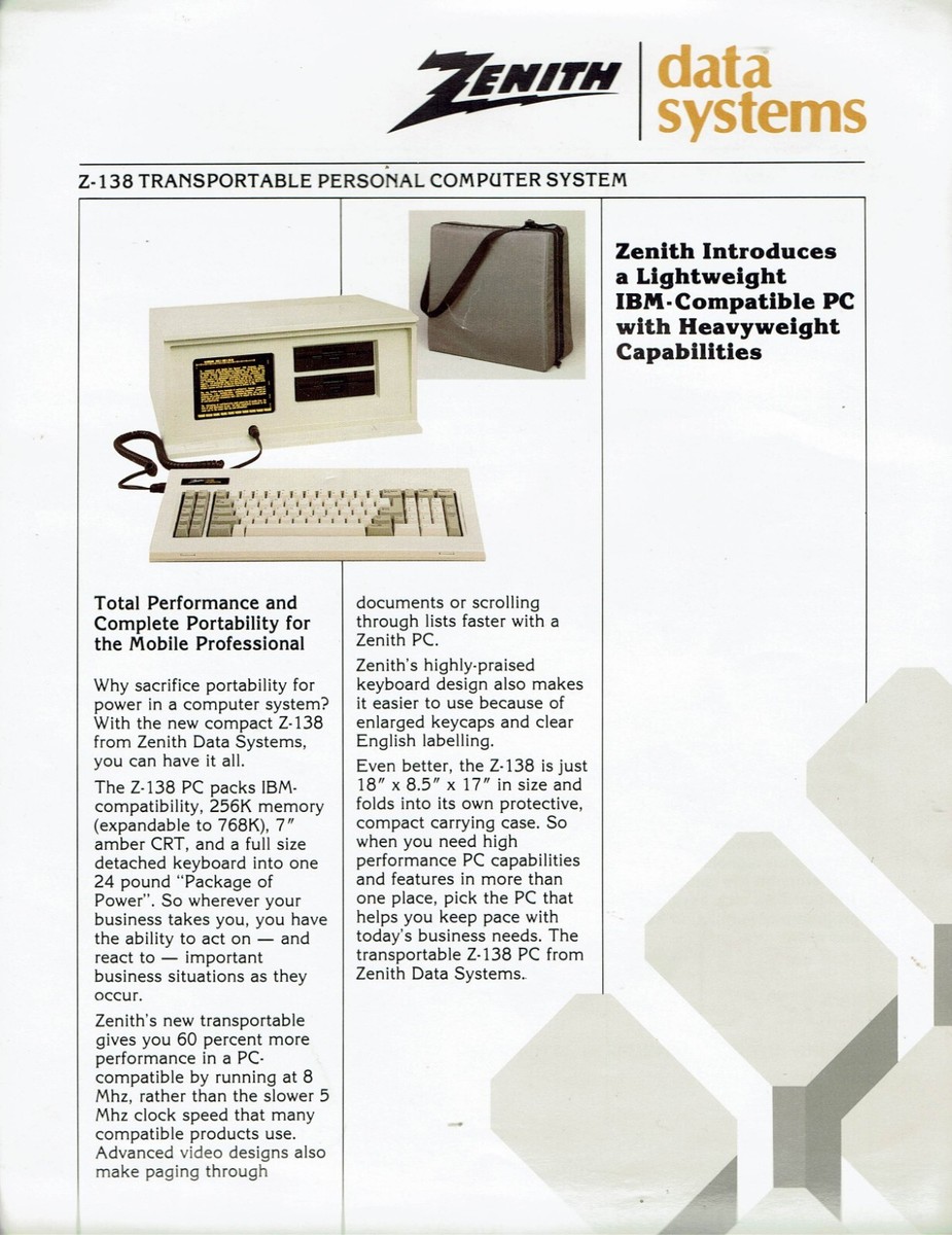 Zenith Data Systems 1985 Vintage IBM Compact Computer Z-138 Sales