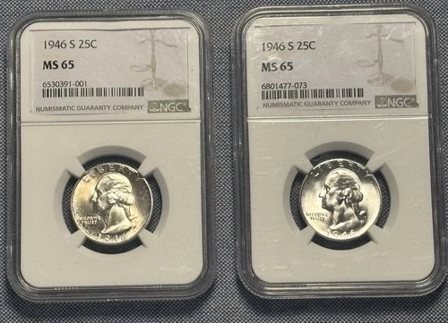 1946-S 25C Washington Quarter MS 65 90% Silver Graded NGC MS 65 2 Coins !!