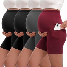 4 Pack Womens Maternity Shorts with Pockets Over The Belly Yoga Biker Pregnan...
